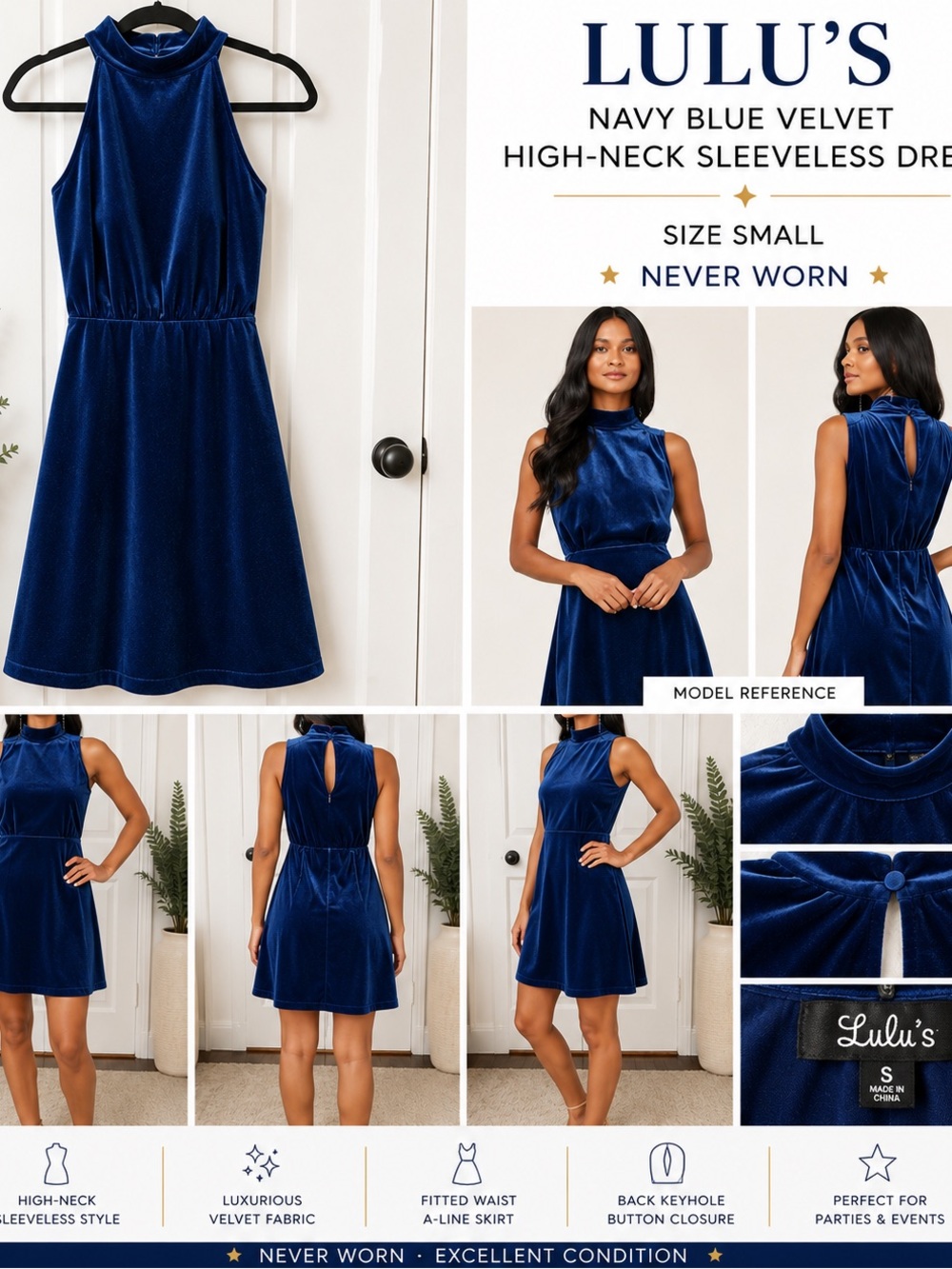 Lulu's Navy Blue Velvet High-Neck Sleeveless Dress- New with tags